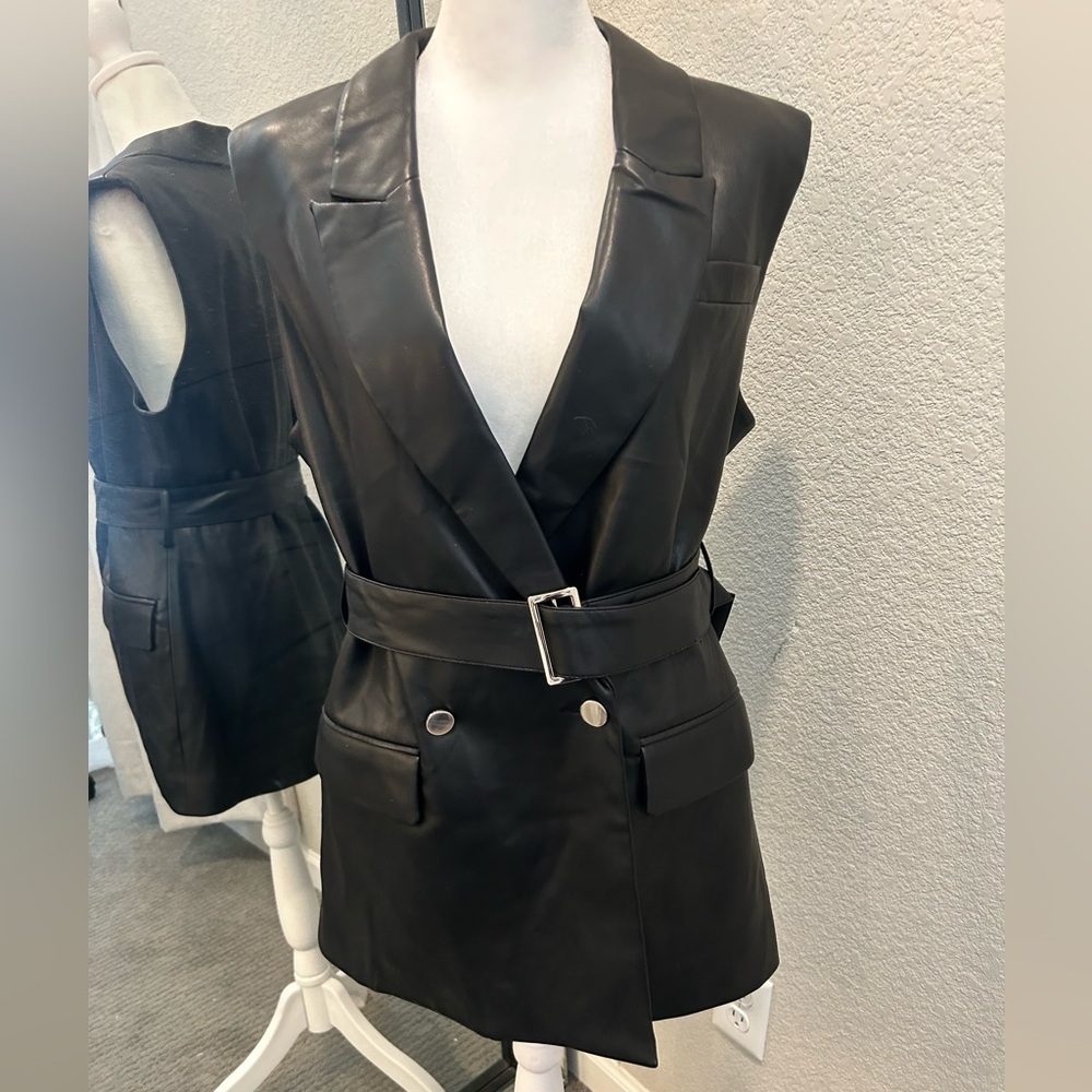 Black vegan leather belted vest